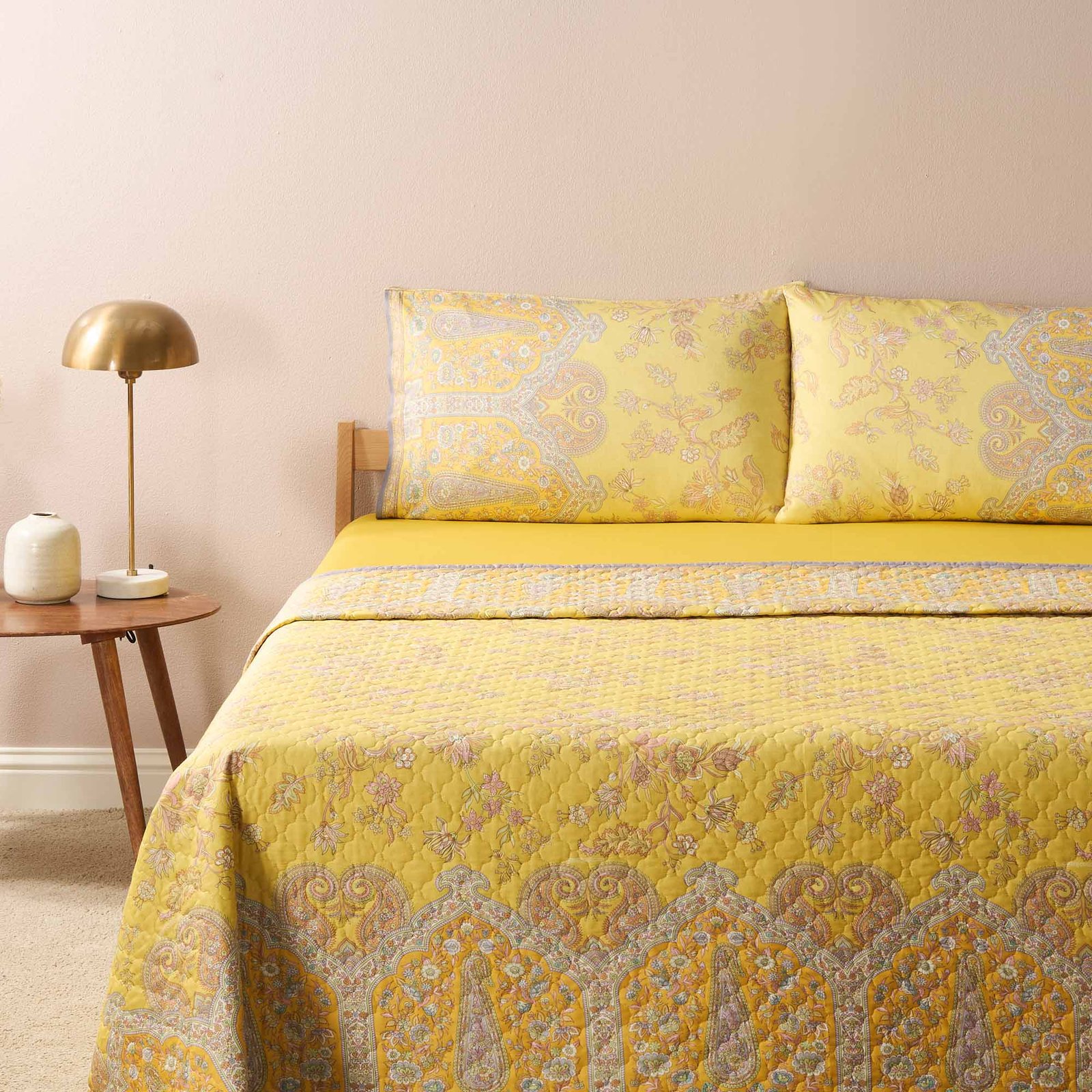 Bassetti Granfoulard Copriletto Trapuntato Matrimoniale Cotone 100% cm 265x255 Art. Indian Roses Limone