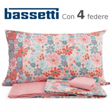 BASSETTI Completo Lenzuola Matrimoniale Due Piazze Con Doppie Federe (4) 100% Cotone cm 175x200 Art. Seventy Fire Rosa