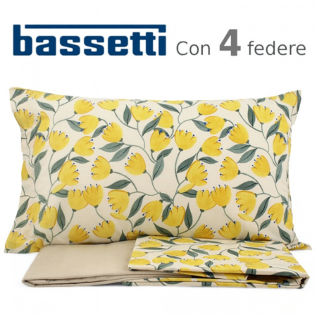 BASSETTI Completo Lenzuola Matrimoniale Due Piazze Con Doppie Federe (4) 100% Cotone cm 175x200 Art. Bluebell Giallo