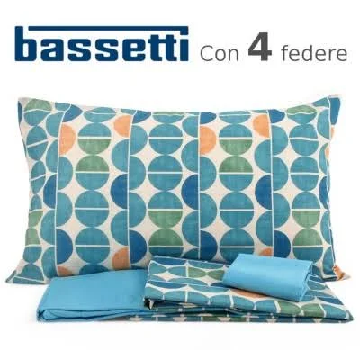BASSETTI Completo Lenzuola Matrimoniale Due Piazze Con Doppie Federe (4) 100% Cotone cm 175x200 Art. Berry Blu