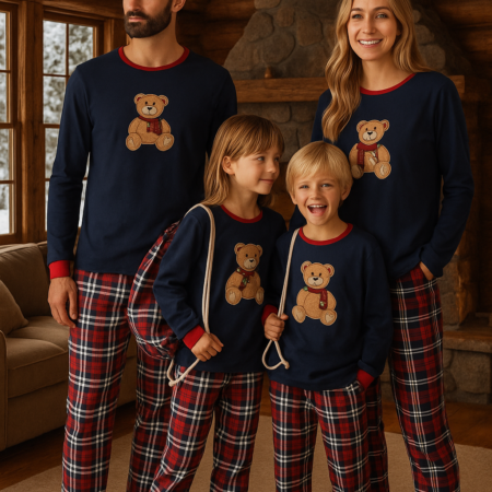 MaryPlaid - Pigiami Natalizi Coordinati Famiglia con Sacca 100% Cotone Interlock – Mamma Papà Bambini – Orsetto & Scozzese
