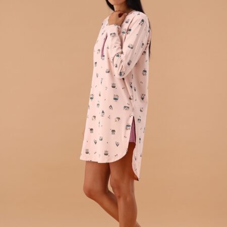 MaryPlaid Camicia da Notte Donna Invernale – Cotone Interlock – Colletto Serafino 4 Bottoni – Fondo Asimmetrico con Spacchi – Art. 6F45040 – Rosa Cipria