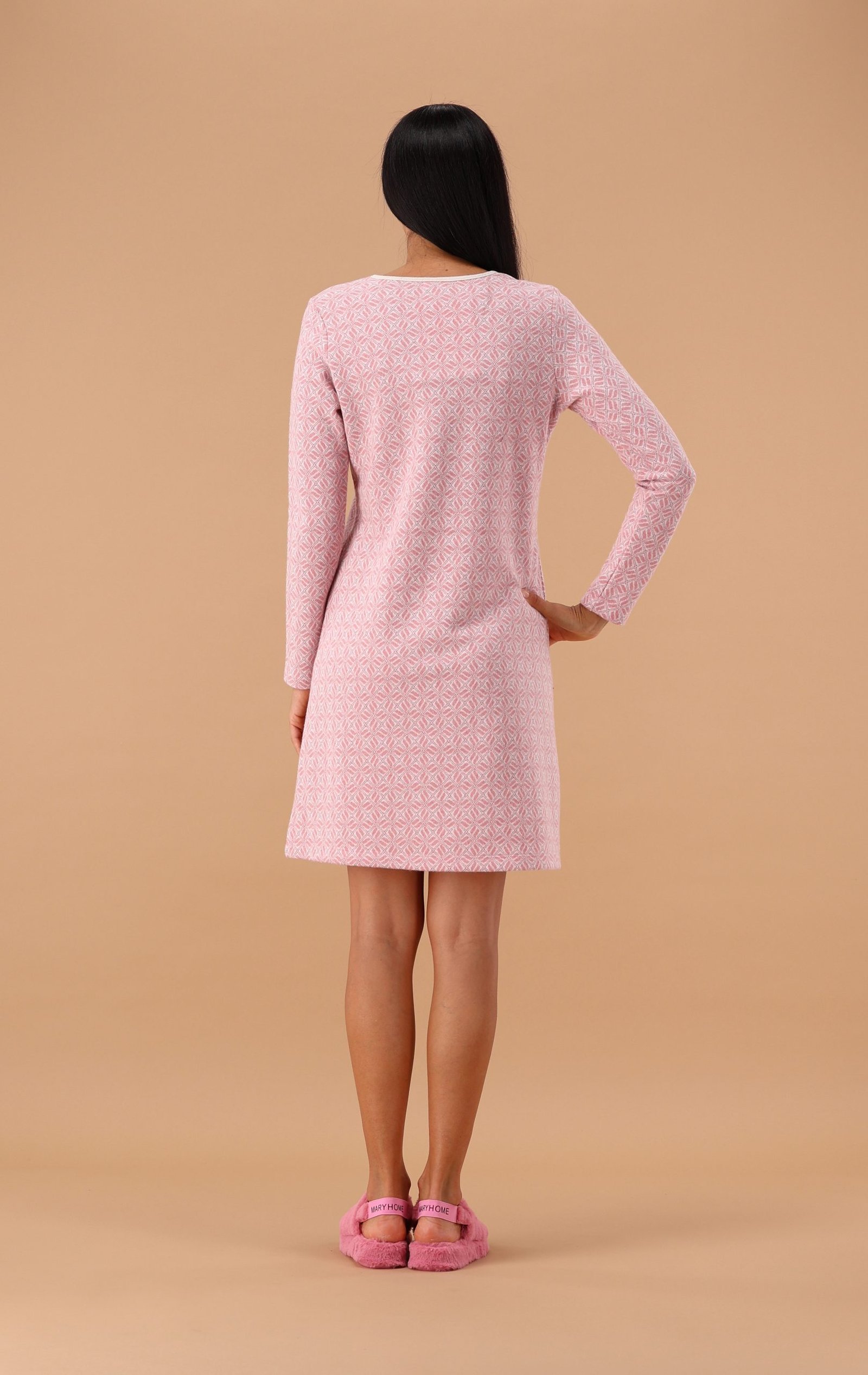 Camicia da Notte Donna Invernale MaryPlaid – Rosa Cipria – Punto Milano 50% Cotone 50% Poliestere – Scollo a Goccia con Fiocco – Manica Lunga – Made in Italy Art. 6F45047 - immagine 3