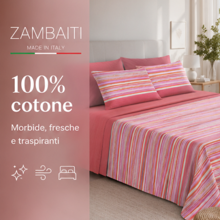 Zambaiti Completo Lenzuola Singolo 100% Cotone Made in Italy Art. Switch RIGA ROSA