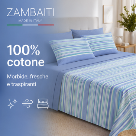 Zambaiti Completo Lenzuola Singolo 100% Cotone Made in Italy Art. Switch RIGA CELESTE