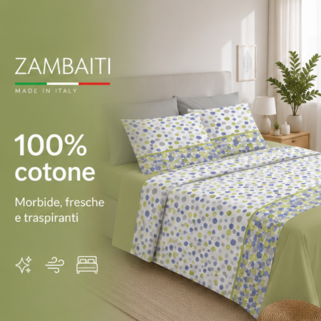 Zambaiti Completo Lenzuola Singolo 100% Cotone Made in Italy Art. Switch POIS VERDE
