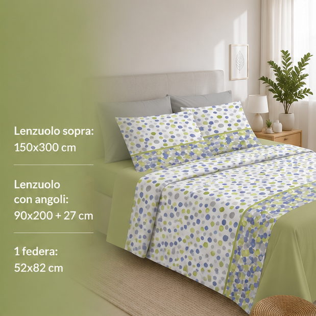 Zambaiti Completo Lenzuola Singolo 100% Cotone Made in Italy Art. Switch POIS VERDE - immagine 2