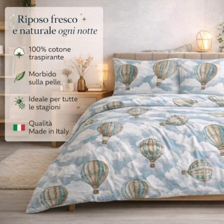Zambaiti Completo Lenzuola Singolo 100% Cotone Made in Italy Art. Mongolfiere Nuvole