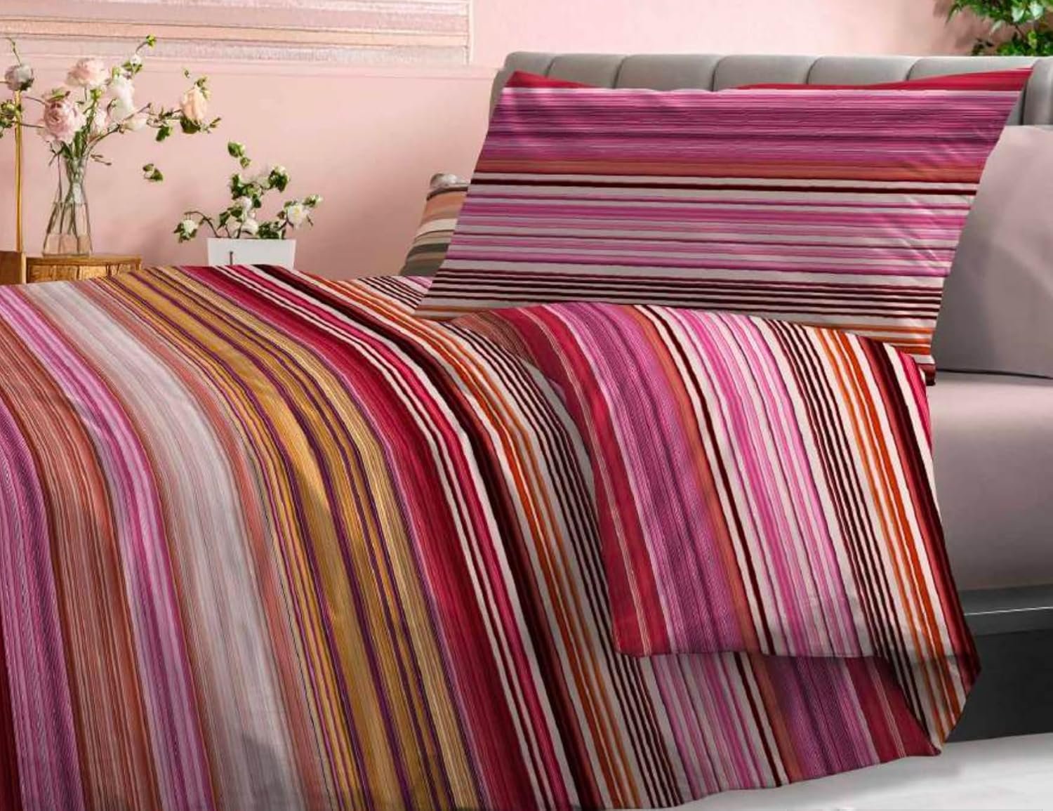 Zambaiti Completo Lenzuola Singolo 100% Cotone Made in Italy Art. RIGHE ROSA