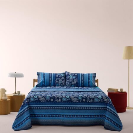 Bassetti Granfoulard Completo Letto Matrimoniale Lenzuola Raso di Puro Cotone Lenzuolo Sopra + Sotto con Angoli Maxi + 2 Federe (VARIGOTTI BLU)