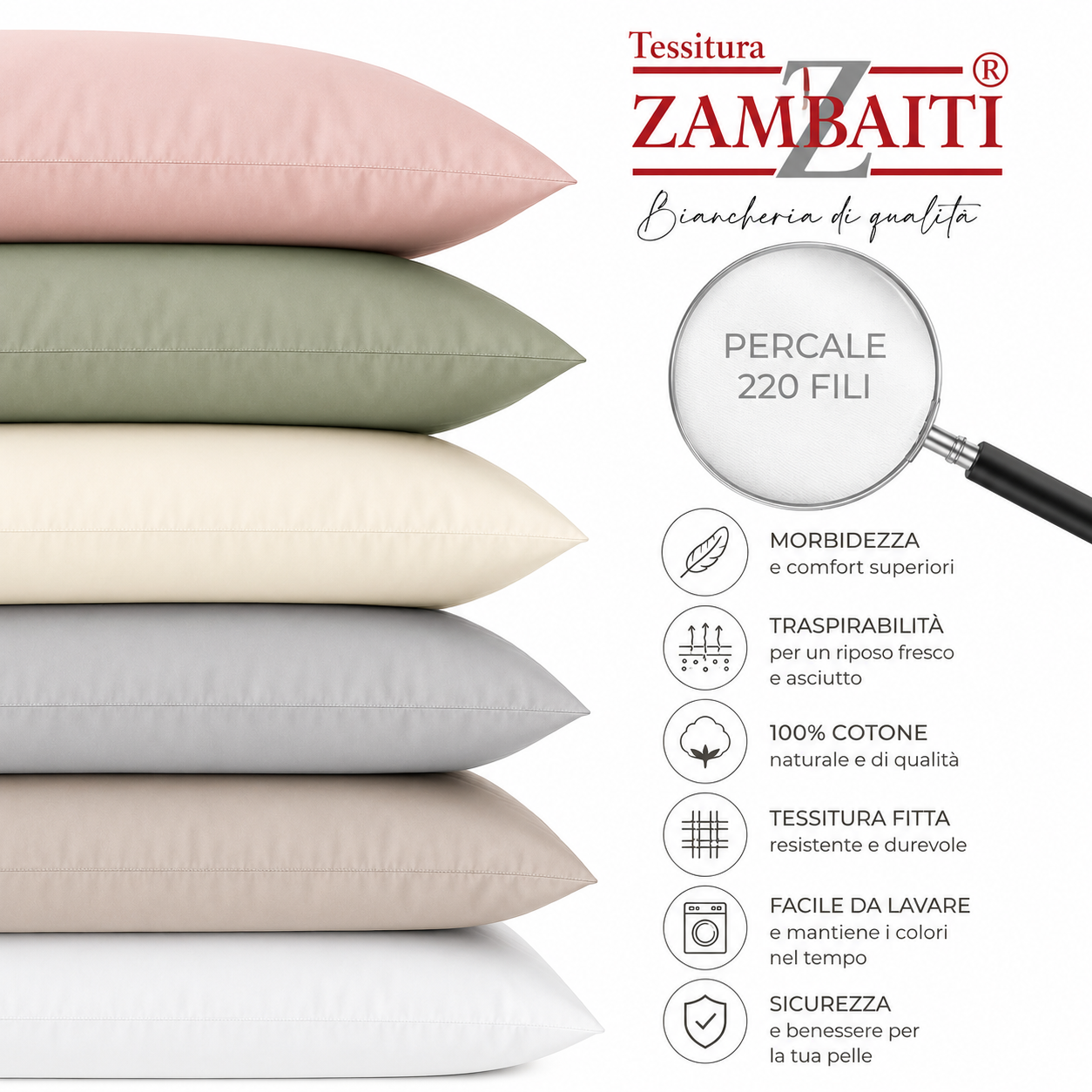 ZAMBAITI Coppia Federe in Percalle di Puro Cotone 220 Fili - immagine 6