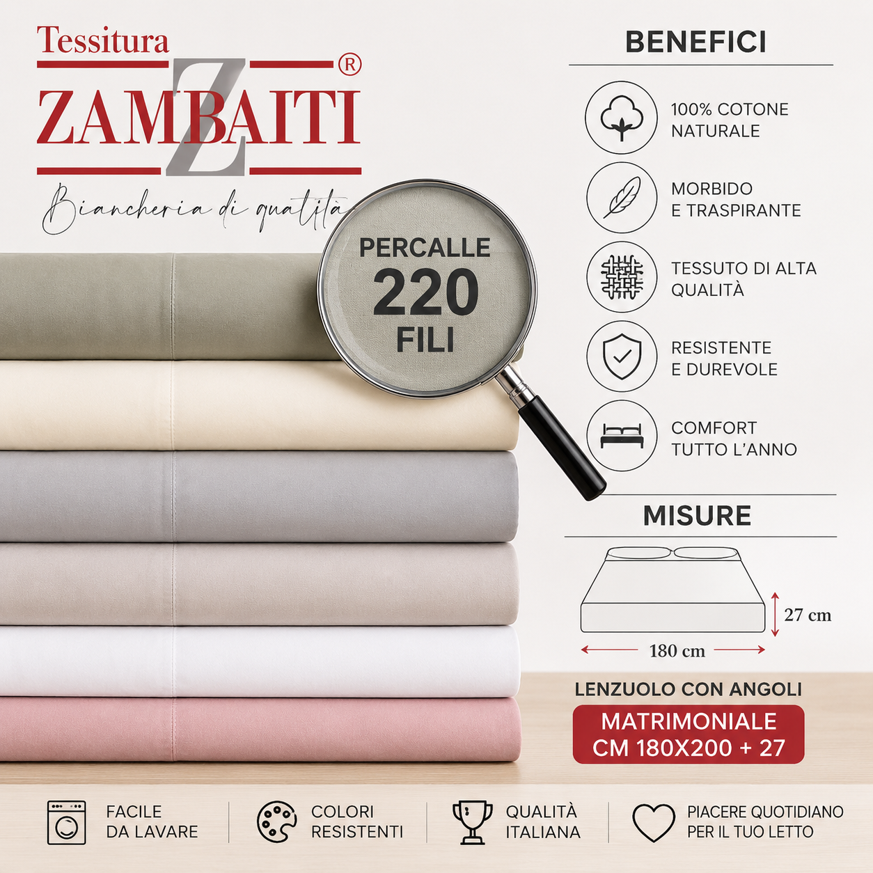 ZAMBAITI Lenzuolo con Angoli Matrimoniale in Percalle di Puro Cotone 220 Fili - immagine 8