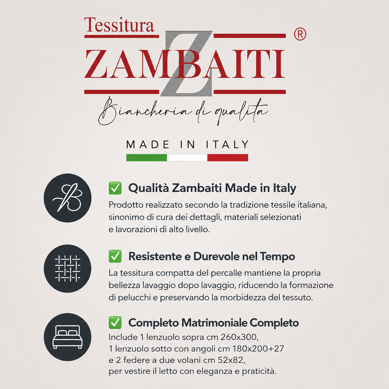 Zambaiti Completo Lenzuola Matrimoniale in Percalle di Puro Cotone 220 Fili - immagine 11