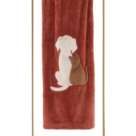 Coperta Plaid Bussy Pelliccetta Morbidissimo Con Ricamo e Applicazioni Per Divano, Letto cm 150x180 (COLLEZIONE INVERNO 26/27) (CANE & GATTO MATTONE)