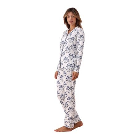Pigiama Donna Invernale – 100% Caldo Cotone, Fantasia Floreale Blu, Camicia con Bottoni e Piping Blu, Taschino Elegante – Completo Due Pezzi. Art. 6P86023