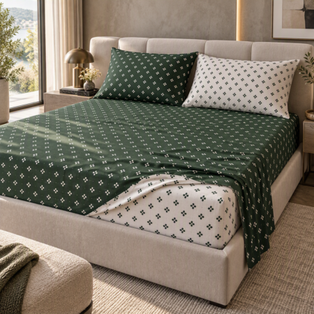 Zambaiti Set Lenzuola Matrimoniale – Completo Letto Due Piazze in 100% Cotone – 4 Pezzi Art. Minimal (VERDE BOSCO - BIANCO)