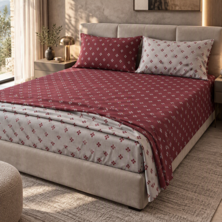 Zambaiti Set Lenzuola Matrimoniale – Completo Letto Due Piazze in 100% Cotone – 4 Pezzi Art. Minimal (BORDEAUX - GRIGIO)