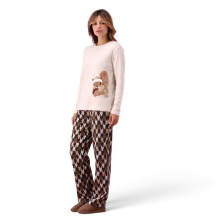 Pigiama Donna Invernale Punto Milano 50% Cotone 50% Poliestere, Pigiama Lungo Morbido e Caldo con Applicazione Scoiattolo Effetto Pelo 3D, Completo Notte Donna Art. Scoiattolo 6P86034