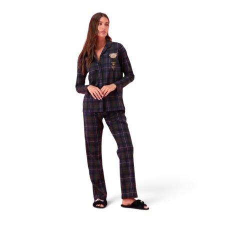 Maryhome Pigiama Donna Invernale 100% Caldo Cotone, Completo Pigiama Lungo con Giacca Aperta Bottonata e Fantasia Quadri Scozzese, Applicazione Orsetto, Morbido e Caldo per Inverno Art. 6P86033