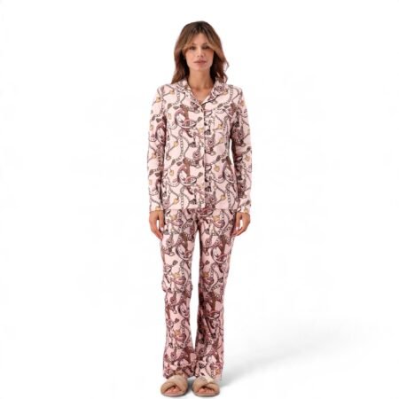 Pigiama Donna Invernale – 100% Caldo Cotone, Fantasia Floreale Blu, Camicia con Bottoni e Piping Blu, Taschino Elegante – Completo Due Pezzi. Art. 6P86023-137B
