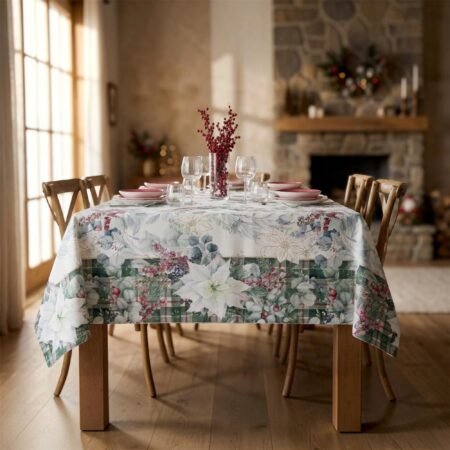 Maison Sucrée Tovaglia Natalizia in Tessuto Korin Antimacchia Idrorepellente No Stiro, Elegante, Art. Fiori Di Dicembre