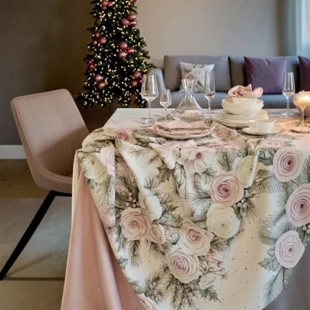 Maison Sucrée Tovaglia Natalizia in Tessuto Korin Antimacchia Idrorepellente No Stiro, Elegante, Art. Polvere Di Rosa