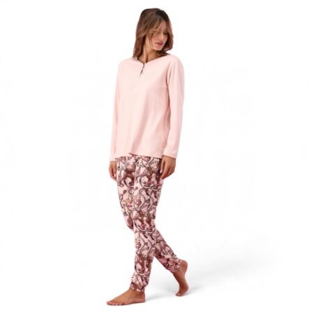 Pigiama Donna Invernale 100% Caldo Cotone, Completo Notte a Manica Lunga con Collo Serafino 3 Bottoni, Pantalone Lungo Fantasia Catene e Fibbie - Art. 6P86032